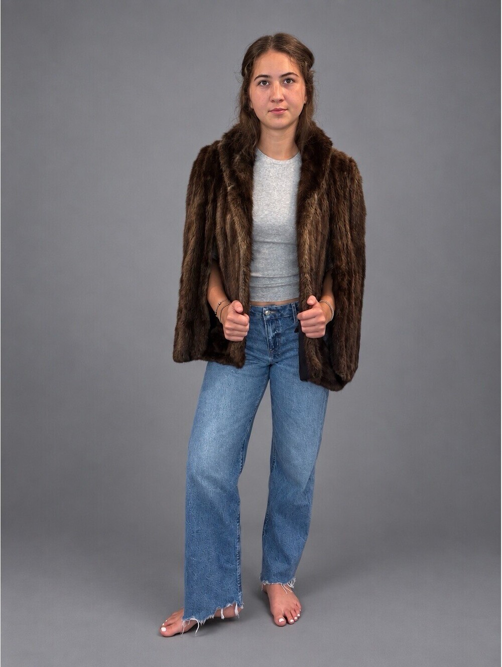 Vintage Plauck's MinkFarm Brown Real Fur Cape Women's S/M PA
